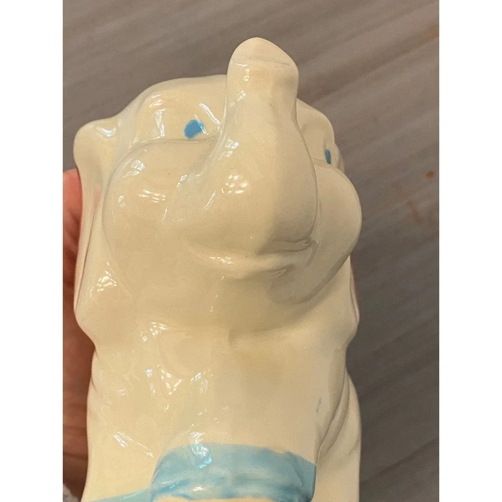Vintage USA Ceramic Elephant Planter Cream Blue Red Mid Century Pottery Novelty